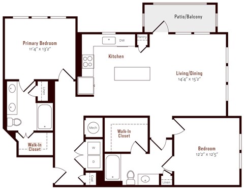 Floor plan for 2 beds, 2 baths, 1224 sqft